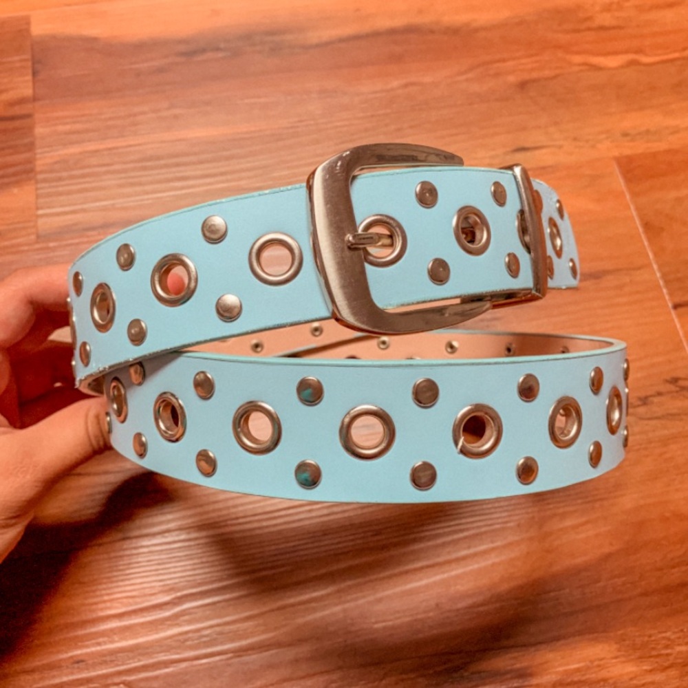 Vintage Retro Leather Studded Eyelet Blue Belt